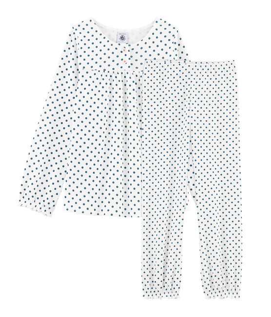Rippstrick-Pyjama für Mädchen weiss MARSHMALLOW/blau CONTES