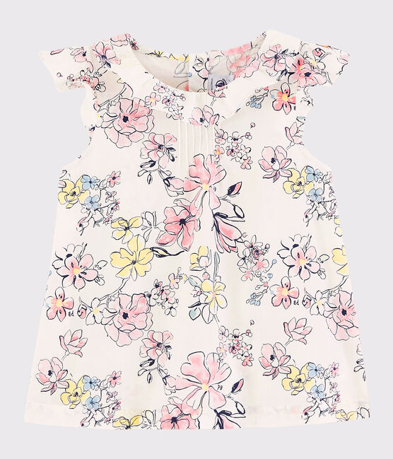 Kurzärmeliges Kinder-Bluse aus Popeline für Mädchen weiss MARSHMALLOW/weiss MULTICO