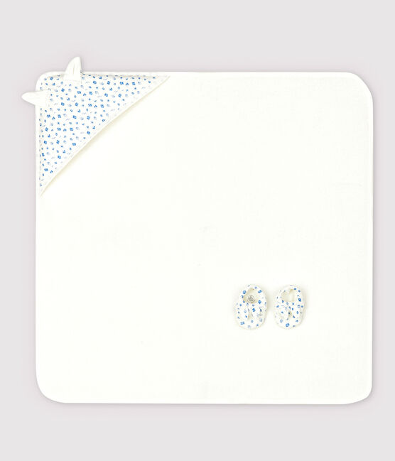 Box mit Badetuch und Babyschuhen aus Frottee und Bio-Baumwolle weiss MARSHMALLOW/blau COOL
