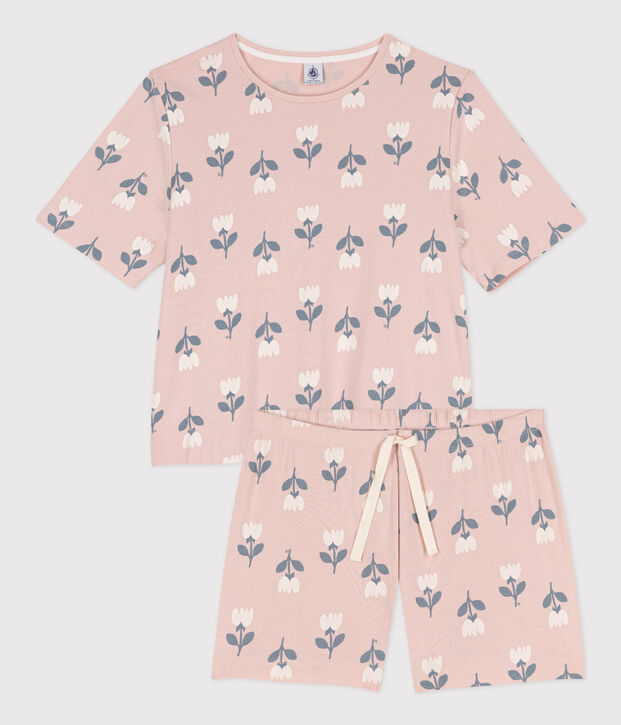 Kurzpyjama aus Baumwolle mit Tulpenmotiv f&uuml;r Damen rosa/vielfarbig