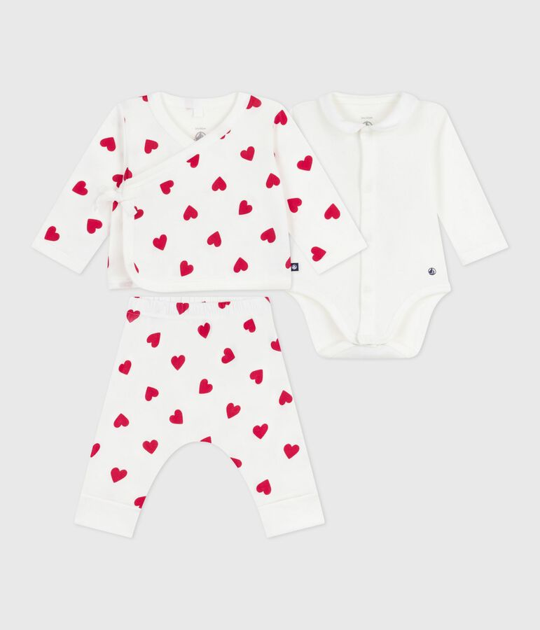 3-teiliges Baby-Set aus Baumwolle mit Herzmotiv weiss/rot