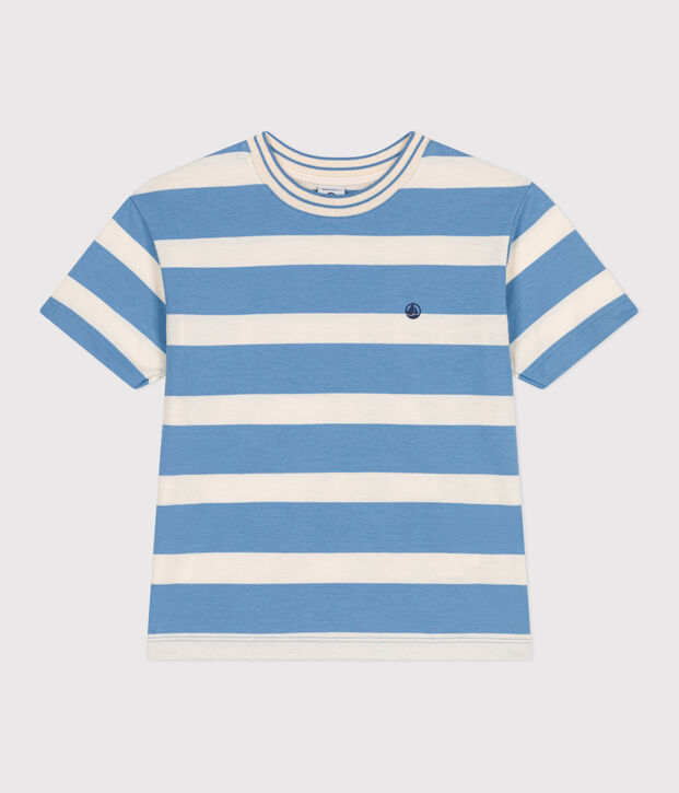Kurz&auml;rmeliges Kinder-T-Shirt aus Baumwolle mit Streifen blau/naturfarben