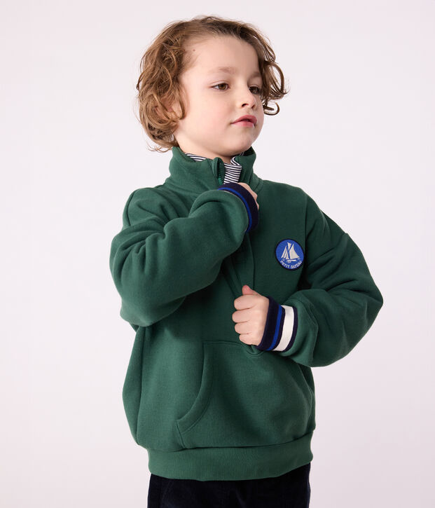 Kinder-Sweatshirt mit Reiverschluss-Kragen aus einfarbiger Baumwolle gr&uuml;n