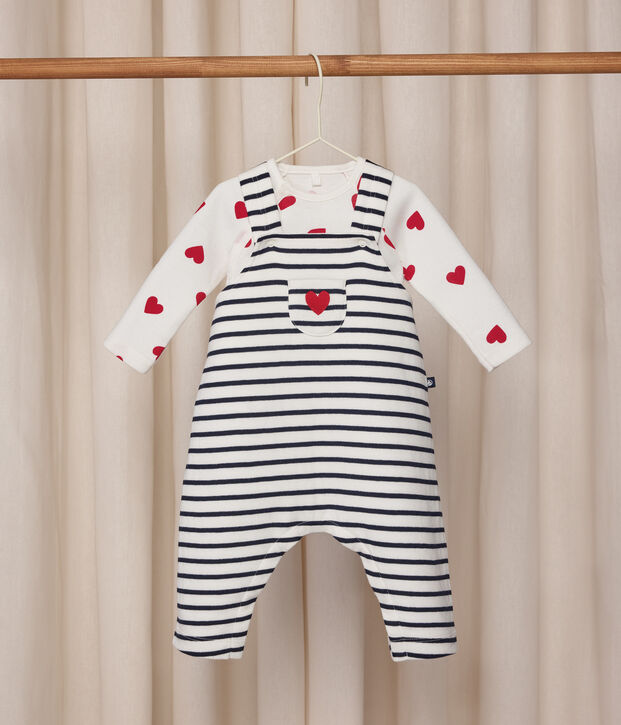 Baby-Set gestreifte Latzhose und Body mit Herzmotiven weiss/blau