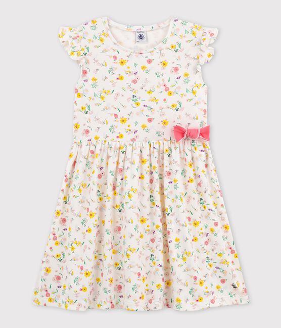 Kurzärmeliges Kinderkleid aus Baumwolle für Mädchen weiss MARSHMALLOW/weiss MULTICO