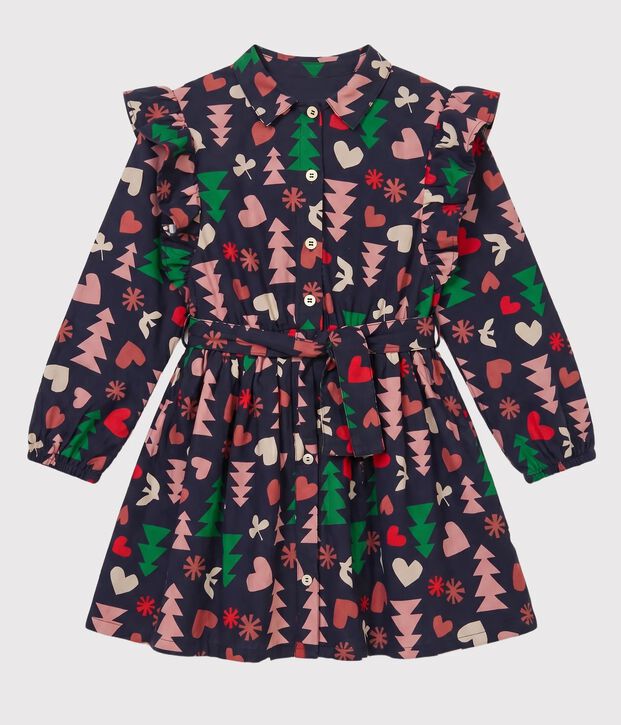 Lang&auml;rmeliges Kinder-Kleid aus Flanell f&uuml;r M&auml;dchen blau/vielfarbig