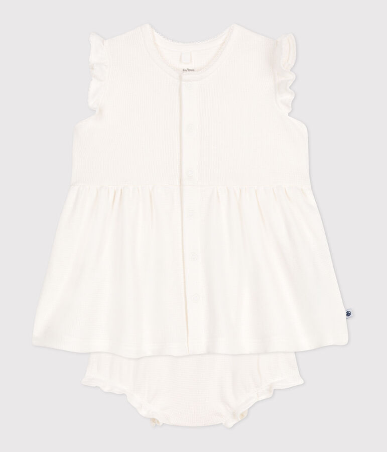 Kurz&auml;rmeliges wei&szlig;es Baby-Kleid mit Wabenmuster und Bloomer weiss