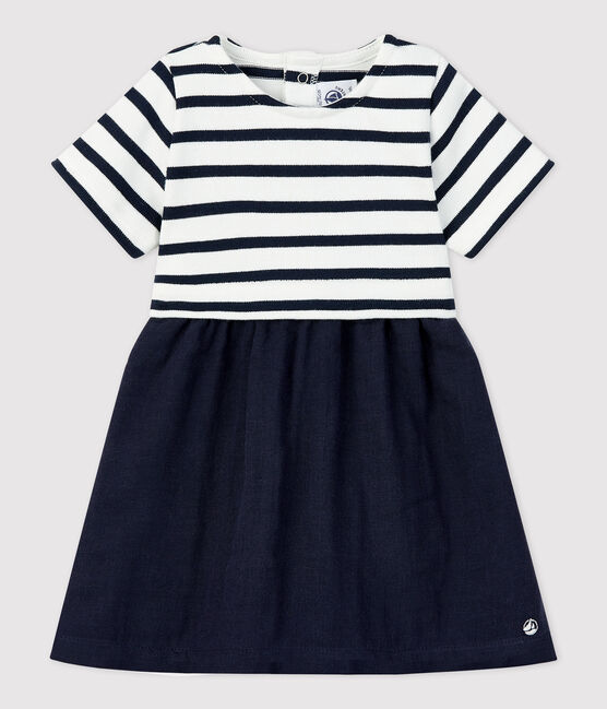 Bio-Babykleid aus Musselin und dichtem Jersey weiss MARSHMALLOW/blau SMOKING