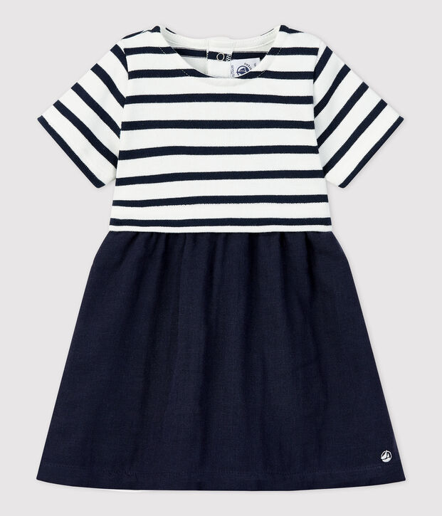 Bio-Babykleid aus Musselin und dichtem Jersey weiss/blau