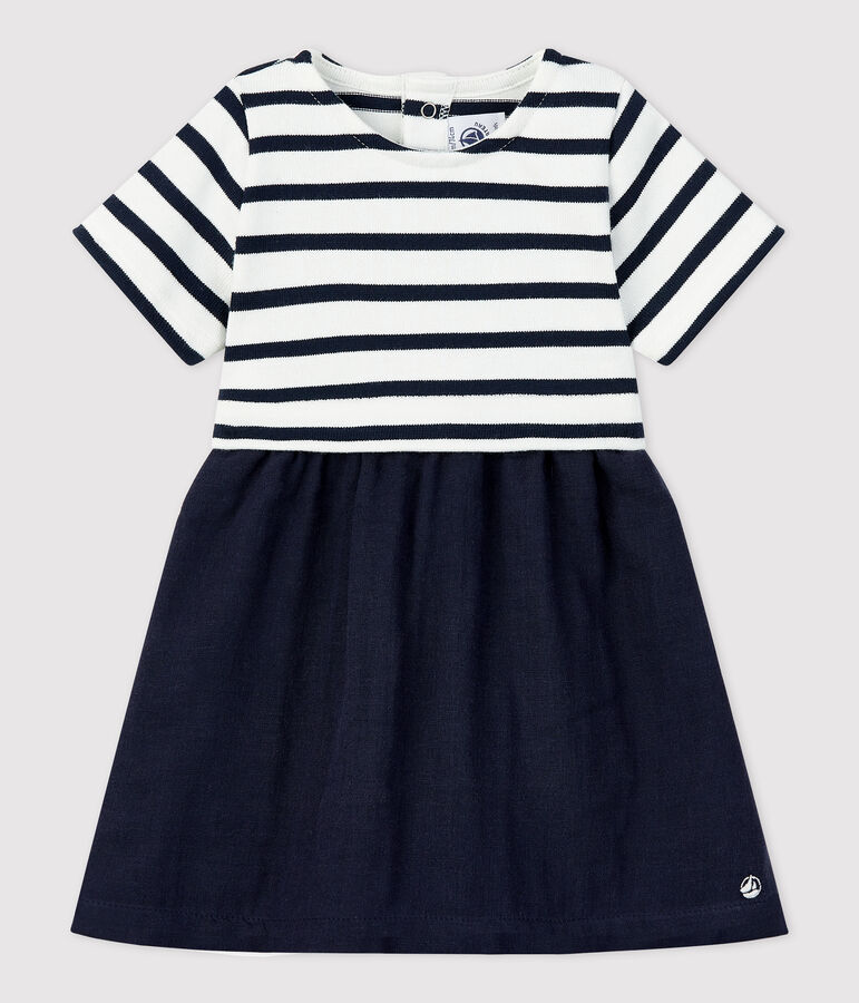 Bio-Babykleid aus Musselin und dichtem Jersey weiss/blau