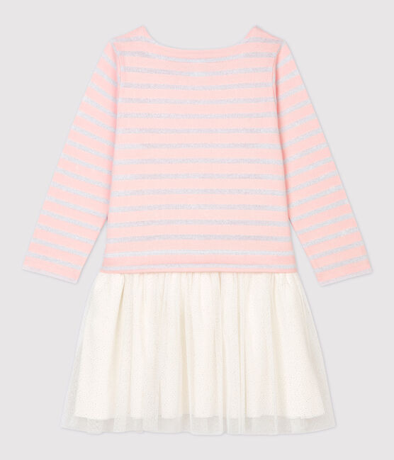 Langärmeliges Kinderkleid aus Baumwolle und Tüll für Mädchen rosa MINOIS/ MARSHMALLOW ARGENT BRILLANT