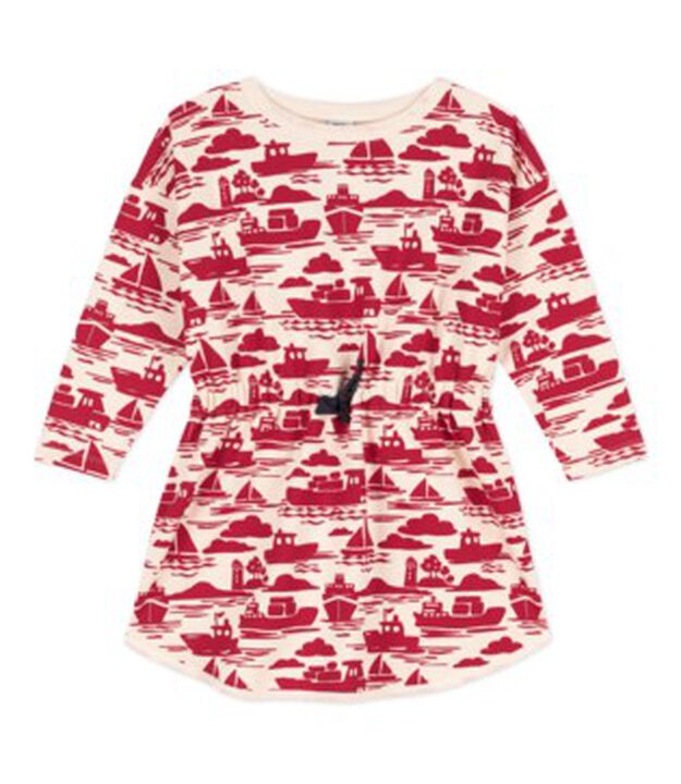 Lang&auml;rmeliges bedrucktes Kinderkleid aus Molton f&uuml;r M&auml;dchen naturfarben/rot
