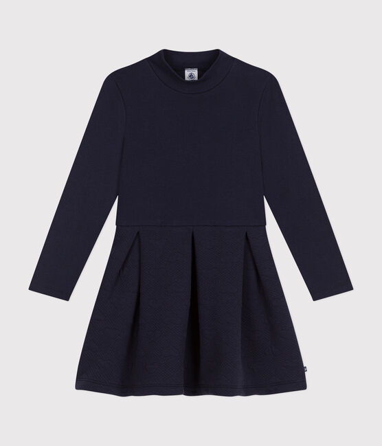 Langärmeliges Kinder-Kleid aus zwei Stoffen für Mädchen blau SMOKING