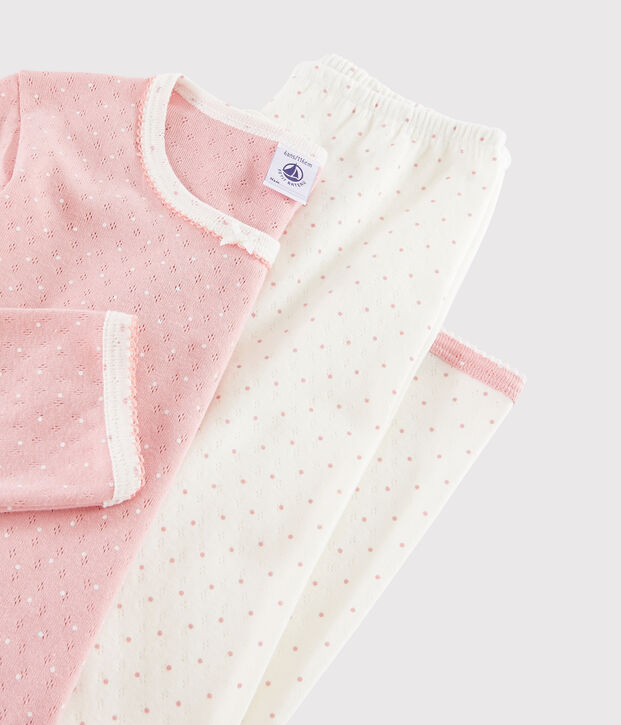 Kinderpyjama aus Rippstrick mit Lochmuster f&uuml;r M&auml;dchen weiss/rosa