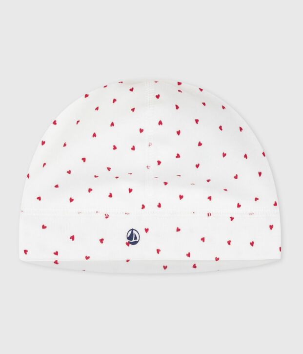 Newborn-M&uuml;tzchen aus Baumwolle mit Herzmotiv weiss/rot