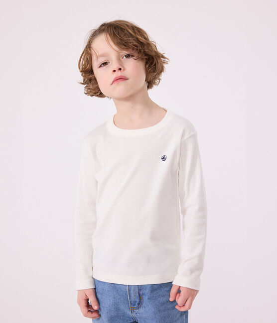 Langärmeliges Kinder-T-Shirt aus Rippstrick für Mädchen und Jungen weiss MARSHMALLOW