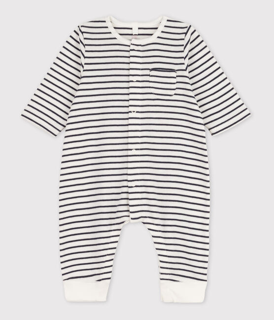 Gestreifter Baby-Langoverall aus Bio-Baumwolle weiss MARSHMALLOW/blau SMOKING