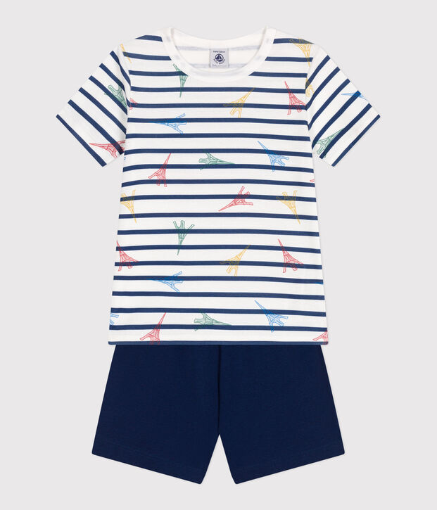 Kinder-Kurzpyjama aus Baumwolle mit Paris-Motiv blau/vielfarbig