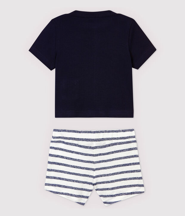 Baby-Ensemble aus T-Shirt/Shorts aus Baumwolle/Leinen f&uuml;r Jungen blau/weiss