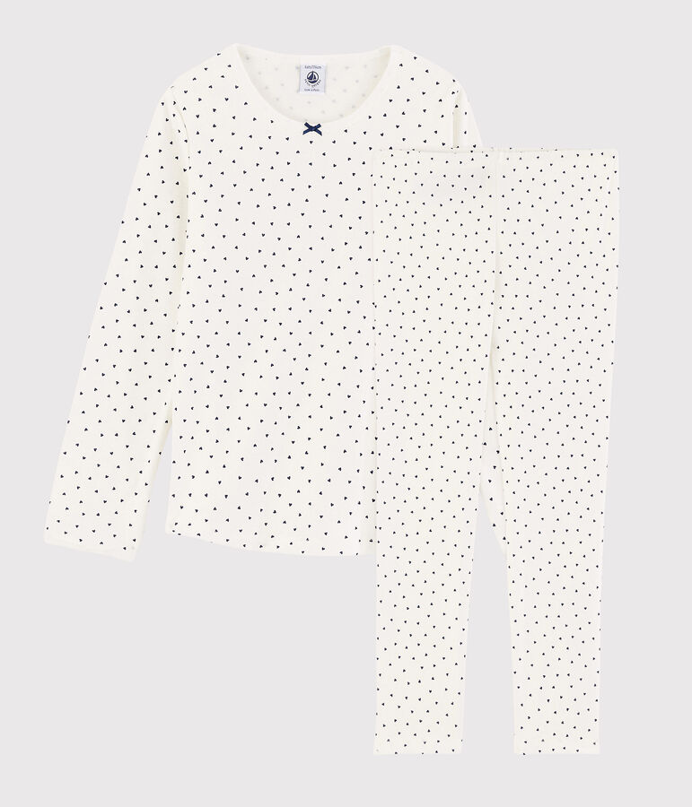 Kinderpyjama aus Baumwolle mit kleinen Herzen f&uuml;r M&auml;dchen weiss/blau