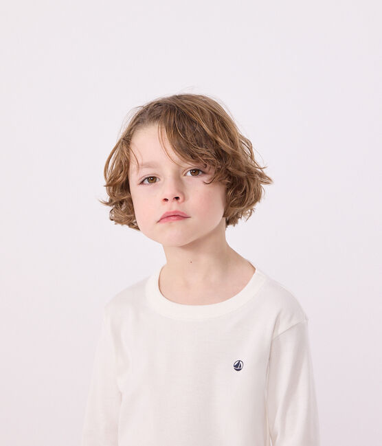 Langärmeliges Kinder-T-Shirt aus Rippstrick für Mädchen und Jungen weiss MARSHMALLOW