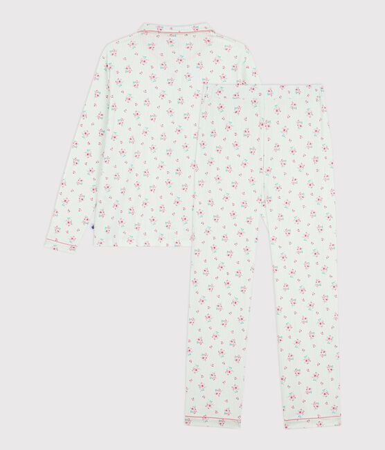 Damen-Pyjama aus gemusterter Baumwolle mit Knopfverschluss weiss MARSHMALLOW/weiss MULTICO