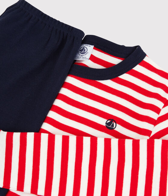 Kinderpyjama Bio-Baumwolle in schmaler Passform mit roten Streifen für Jungen rot PEPS/weiss MULTICO