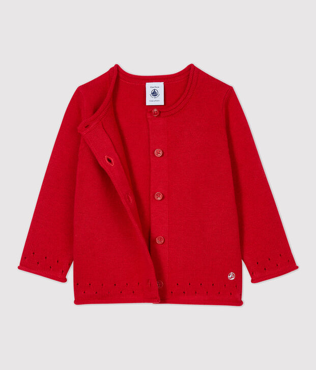 Baby-Cardigan aus Strickmaterial. rot