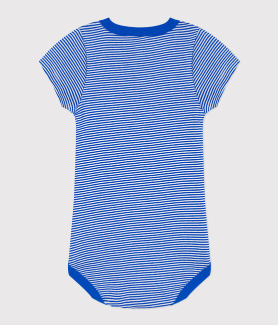 Kurzärmeliger Baby-Body aus Baumwolle mit Ringelstreifen blau PERSE/weiss MARSHMALLOW