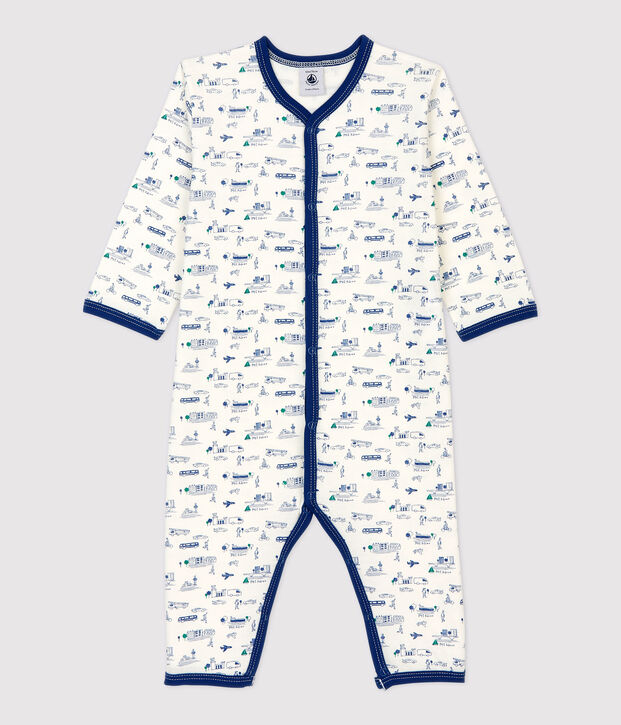 Baby-Strampler ohne F&uuml;&szlig;e aus Baumwolle mit Fahrzeug-Muster weiss/vielfarbig