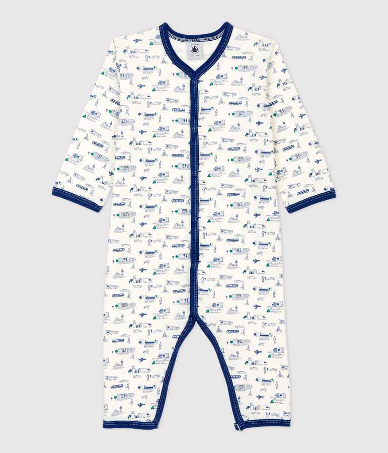 Baby-Strampler ohne F&uuml;&szlig;e aus Baumwolle mit Fahrzeug-Muster weiss/vielfarbig