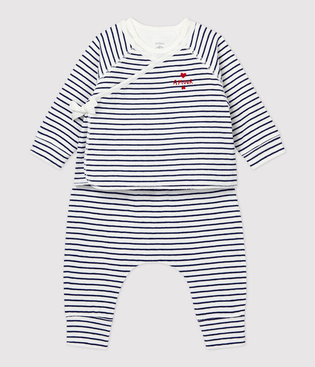 Dreiteiliges Baby-Set mit Streifenmuster aus Bio-Baumwolle weiss/blau
