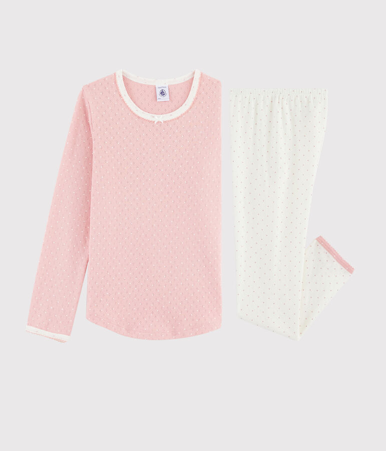 Kinderpyjama aus Rippstrick mit Lochmuster f&uuml;r M&auml;dchen weiss MARSHMALLOW/rosa CHARME