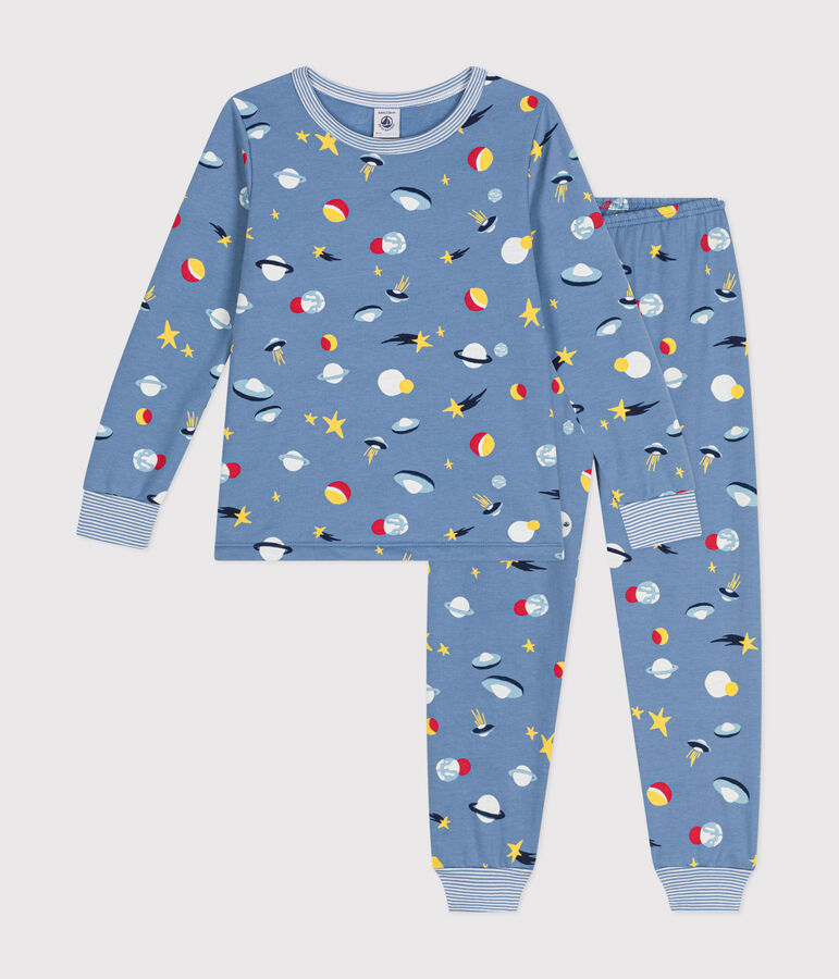 Kinder-Pyjama aus aufgerautem Molton mit Weltraummotiv blau/vielfarbig