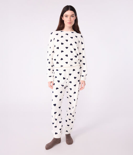 Damen-Pyjama aus Baumwoll-Frottee mit Herzmotiv blau MILK/ SOIR