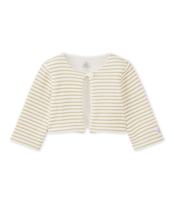 Gestreifter Baby-Mädchen-Cardigan weiss MARSHMALLOW/gelb DORE