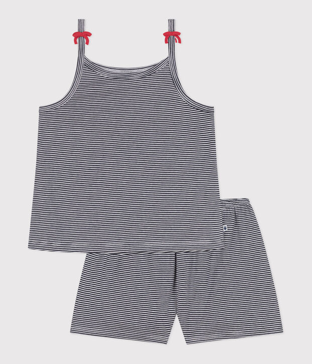 Kinder-Kurzpyjama mit schmalen Tr&auml;gern aus Baumwolle mit Streifen blau/weiss