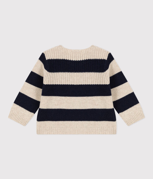 Babypullover aus Woll und Baumwollstrick naturfarben/blau