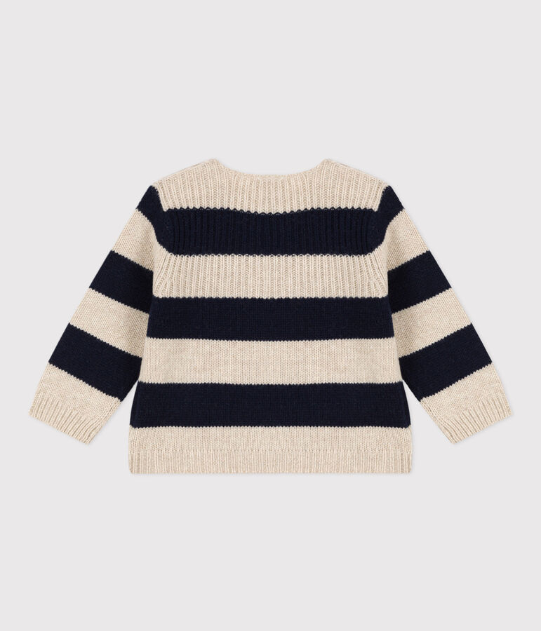 Babypullover aus Woll und Baumwollstrick weiss AVALANCHE/blau SMOKING