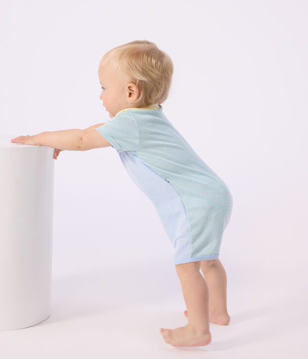 Baby-Kurzoverall mit Kragen aus Baumwolle gr&uuml;n/weiss