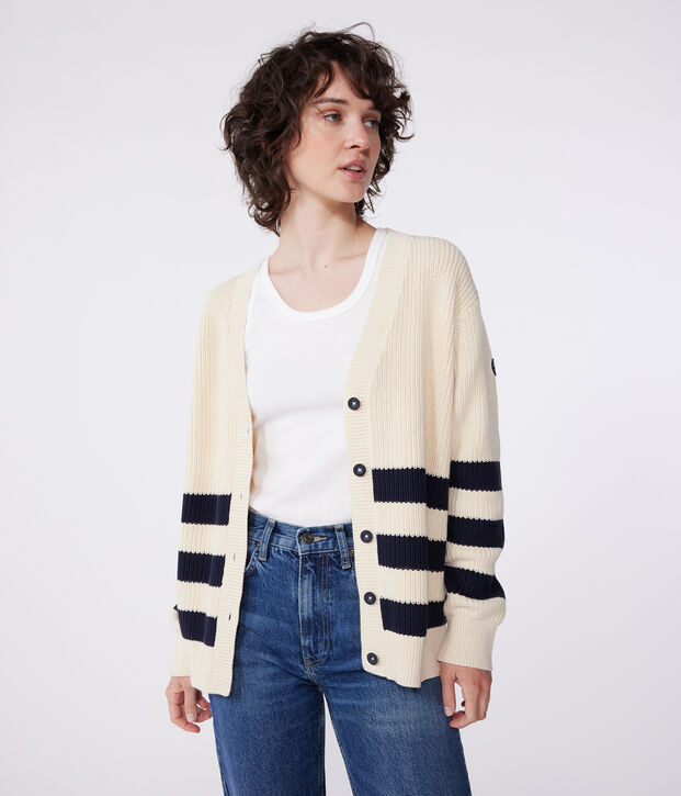 Damen-Cardigan aus Baumwolle mit Streifen naturfarben/blau