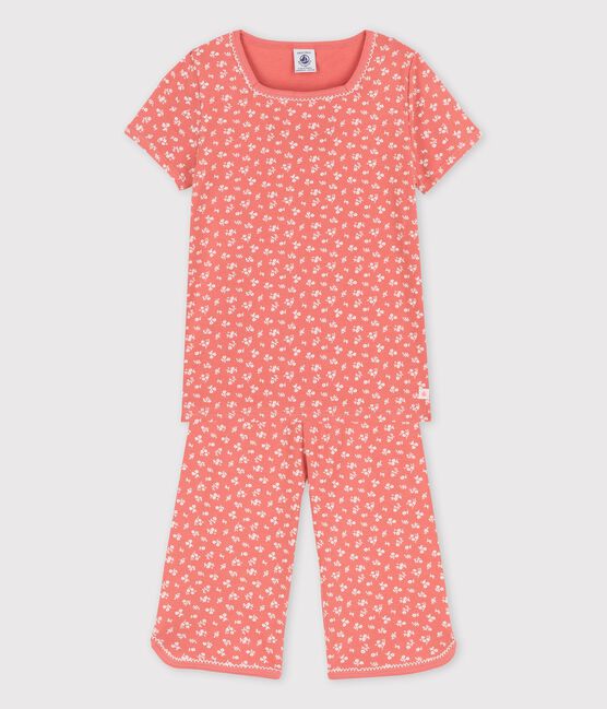 Kurzärmeliger Kinderpyjama aus Bio-Baumwolle mit Blumenmuster für Mädchen rosa PAPAYE/ MARSHMALLOW