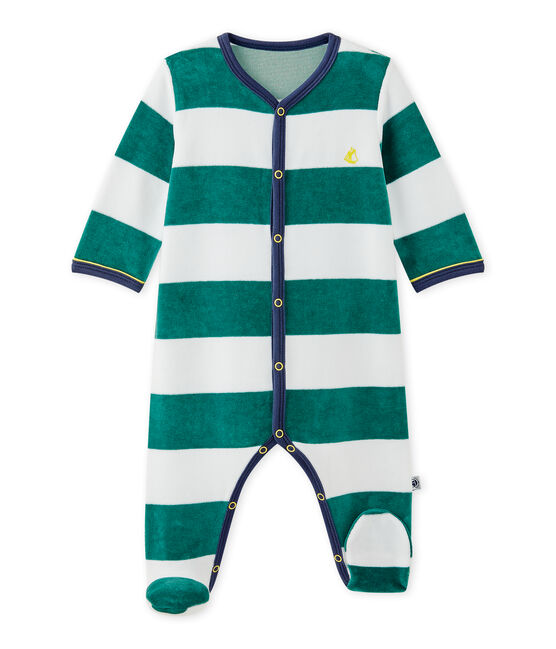 Gestreifter Baby-Jungen-Strampler aus Nicki grün OLIVIER/weiss ECUME