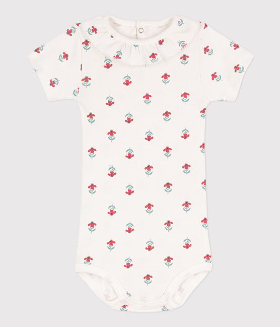 Kurzärmeliger Baby-Body aus Baumwolle mit Blumenmuster weiss MARSHMALLOW/weiss MULTICO