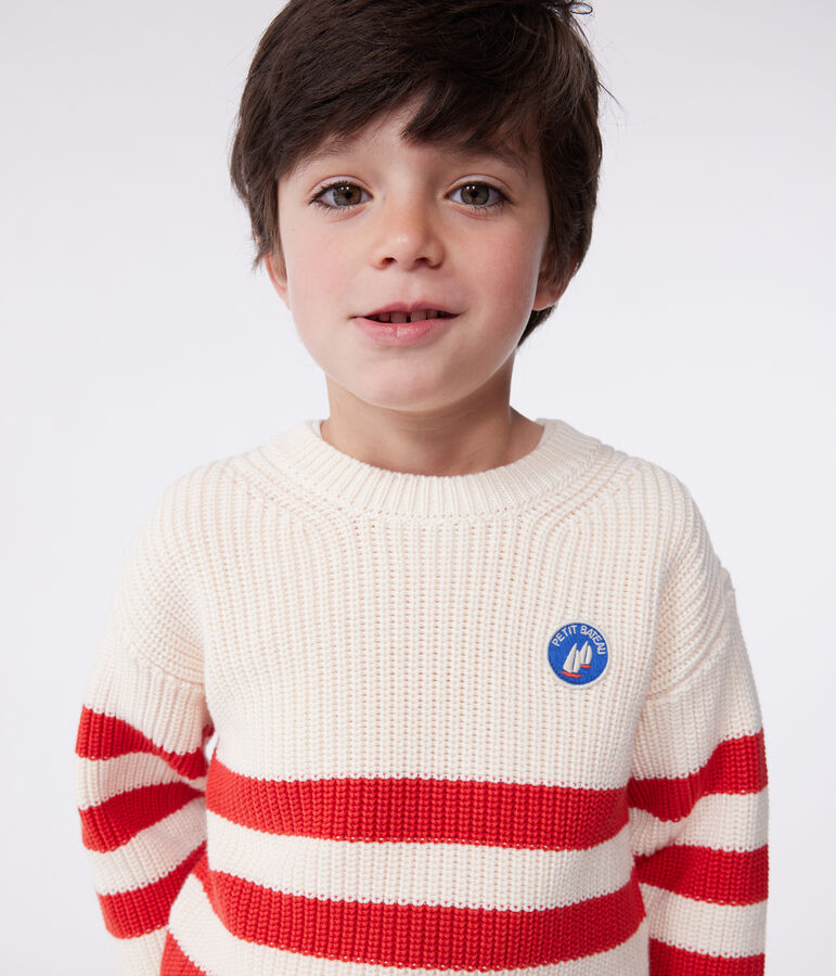 Kinder-Pullover aus Baumwolle mit Streifen naturfarben/rot