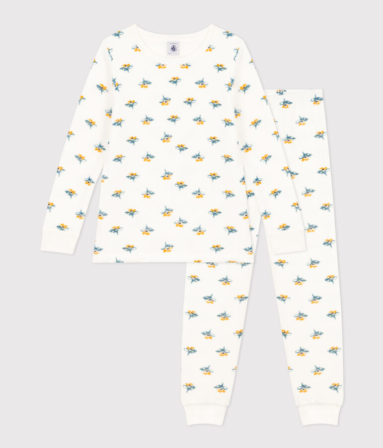 Kinderpyjama aus Frottee mit Blumenmotiv f&uuml;r M&auml;dchen weiss/vielfarbig