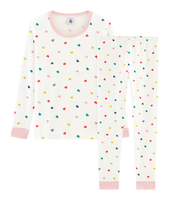 Sehr eng anliegender Rippstrick-Pyjama für kleine Mädchen weiss MARSHMALLOW/weiss MULTICO