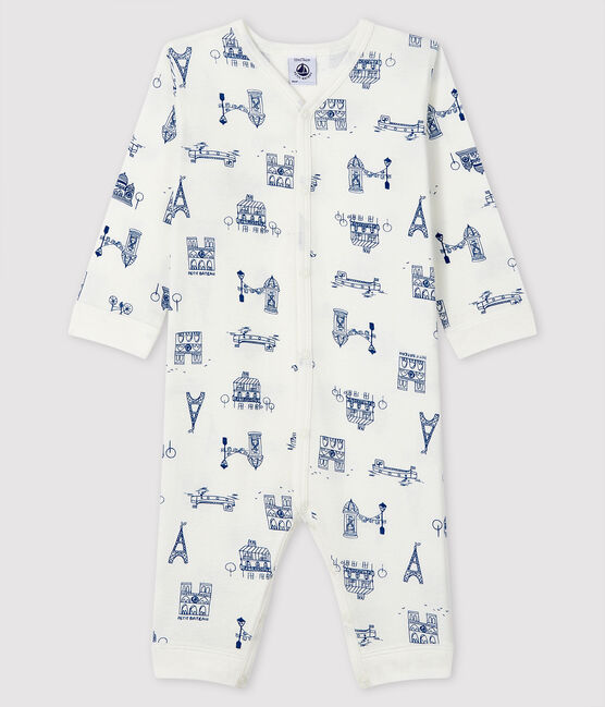 Baby-Strampler 'Paris' ohne Fuß aus Rippstrick weiss MARSHMALLOW/blau MAJOR
