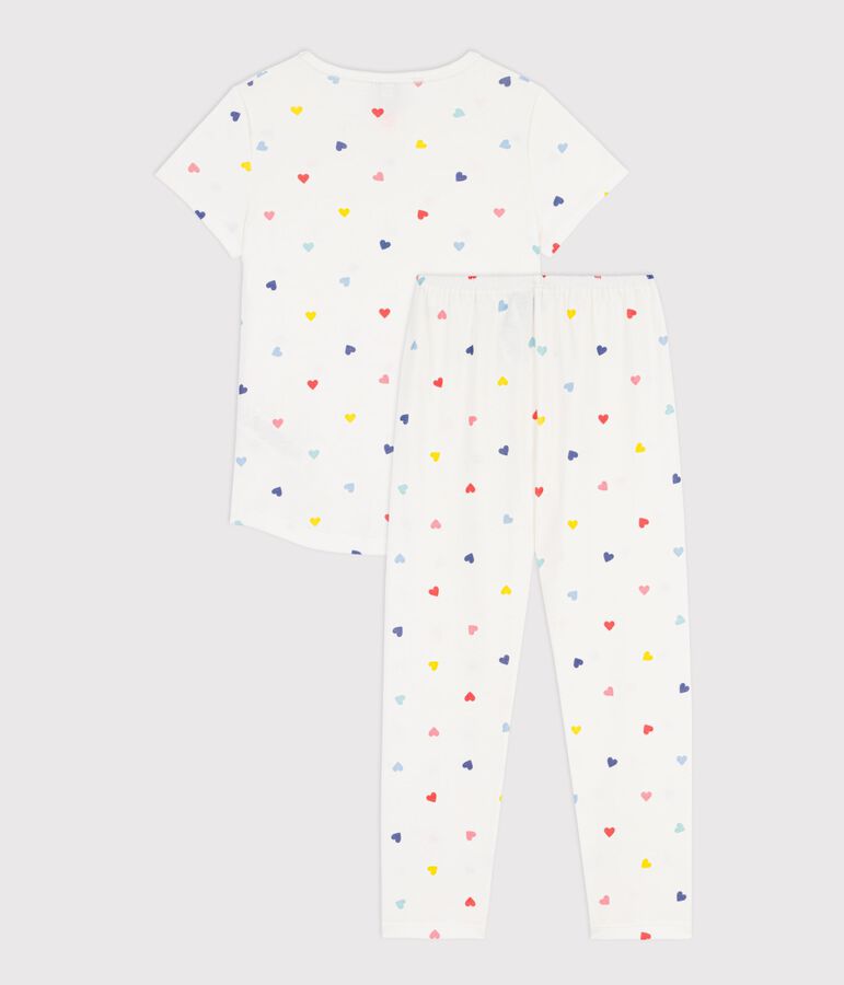 Kurz&auml;rmeliger Kinder-Pyjama mit langer Hose aus Baumwolle mit Herzmotiv weiss MARSHMALLOW/weiss MULTICO