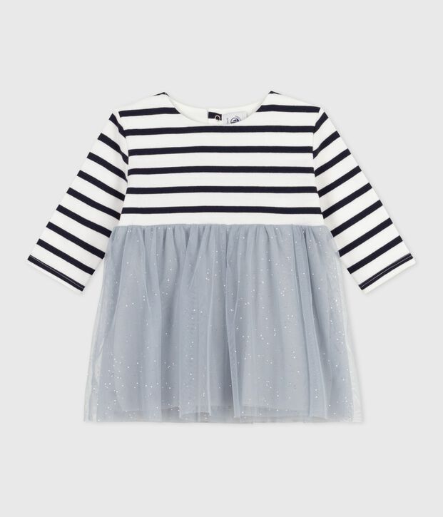 Lang&auml;rmliges Kleid aus zwei Stoffen blau/vielfarbig